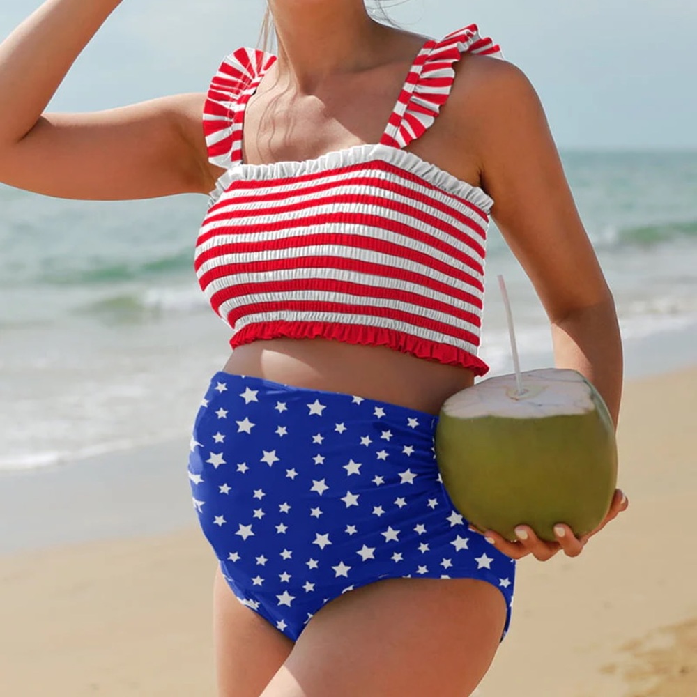 Ruffled Bandeau Bathing Suit Set | High Waisted Maternity Swim Bottoms